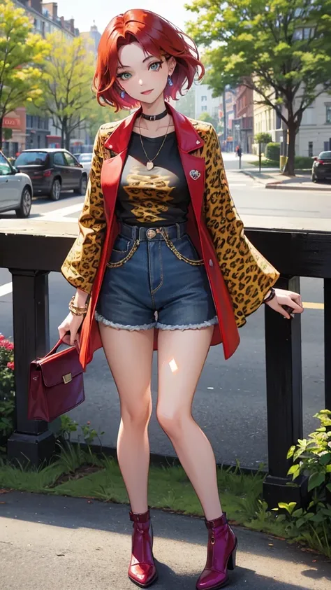 1girl, Red hair, leopard print shirt, longe sleeves, short hair, blue shorts, purple shose, light skin, medium breast, bracelet, full body, green eyes, smiling, masterpiece, Good picture, park, outdoor, Daytime,