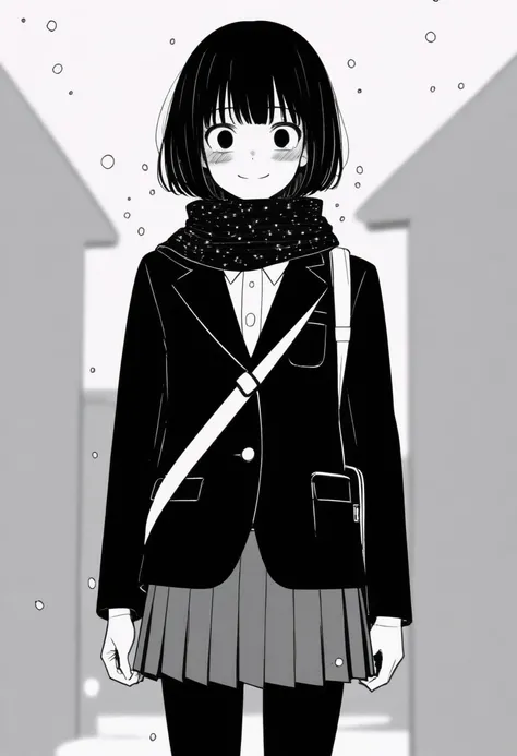 masterpiece, best quality, 1girl, mamerakkkkko, grayscale, manga style, japanese, chi no wadachi, black eyes, street, iced, black hair, schoolbag, smile, lineart, black coat, black scarf, black pleated skirt, leggins, centered, 18 years old, tall, fair ski...