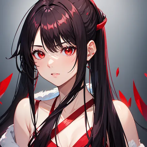 Tall girl Red eyes Dark hair Ponytail with fringe Front face 