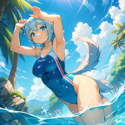 Masterpiece, cover_page, highres, top quality, best quality, High-quality illustration, unparalleled masterpiece, perfect artwork, super high resolution, detailed background, Solo focus, furry grey anthro girl, kemono, has Blue eyes, wears swimsuit, bathin...