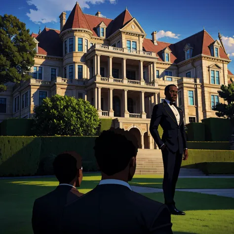 black man standing on the front lawn of a one million dollar mansion, cinematic action, masterpiece, super detail, textured skin, atmospheric perspective,