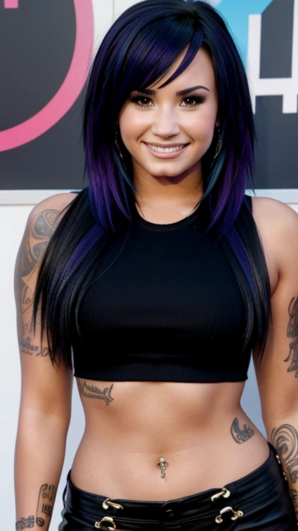 Demi Lovato dressed in emo clothes and smiling sexy.