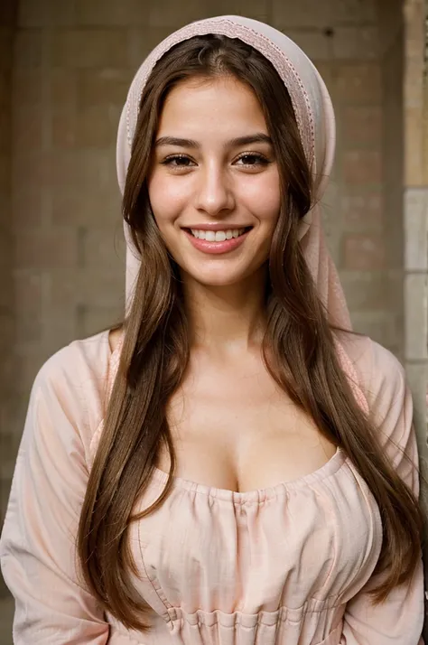 a photo-realistic portrait of a beautiful Palestinian woman with long brown hair, pink dress, white teeth, and a cute smile, with highly detailed and realistic facial features, modest expression, and realistic white skin tone