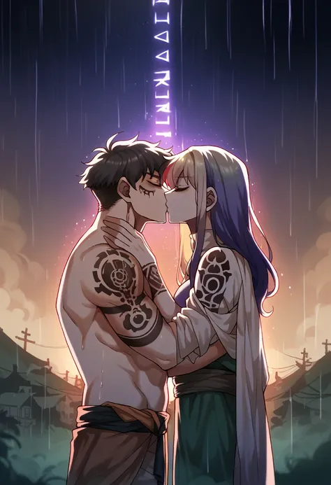 An ethereal sultryseductivedemonic 20 year old anime male druid with metallic long hair and tattoos, intimately holding and almost kissing a 20 year old anime male, anime druid demon male hellscape at night, manga inspired by Masashi Wakui, rainbow color p...