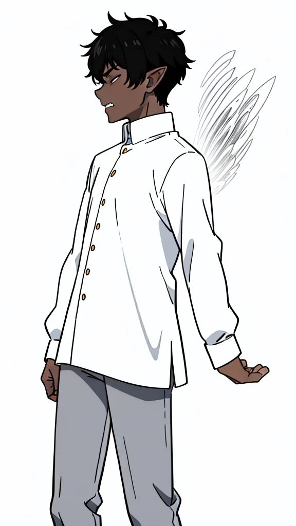 (1boy,15 years old,solo),((dark skin)),(white shirt,long sleeves),Short hair,black hair,elf ears,(horns),(white background,line drawing),teeth,closed eyes,angry,profile