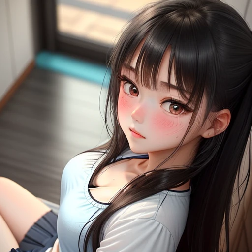 Sitting on floor. Girl with sweat on blushing face. Sexy vibes. Point of view from top. 
18-year-old girl, Detailed face, Detailed eyes, double eyelid, cute, hot-seductive-sexy-beautiful-girl with messy black hair and blushing face. Intimate vibes.