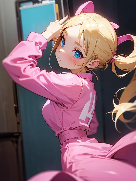 1 girl, two pigtails falling over her shoulders with pink rubber bands, blond hair, blue eyes, wearing a pink jumpsuit dress, in her room, listening to music 