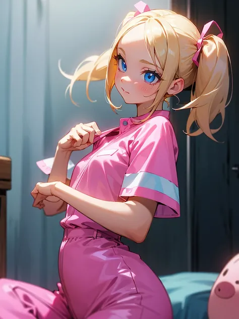 1 girl, two pigtails falling over her shoulders with pink rubber bands, blond hair, blue eyes, wearing a pink jumpsuit dress, in her room, listening to music 