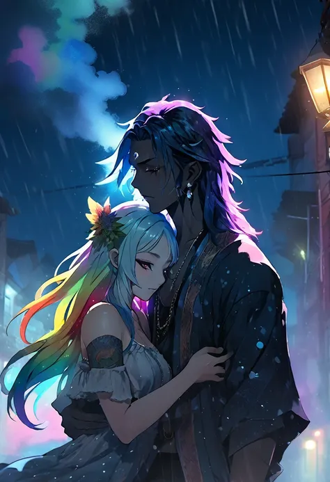 An ethereal sultryseductivedemonic 20 year old anime male druid with metallic long hair and tattoos, intimately holding and almost kissing a 20 year old anime male, anime druid demon male hellscape at night, manga inspired by Masashi Wakui, rainbow color p...