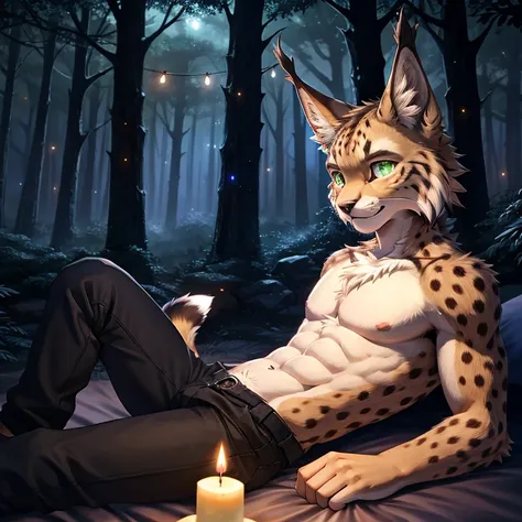 Solo, slim, male lynx, laying on back on top of a bed, kemono, black pants, muscular,
Detailed eyes, Green eyes, Glowing eyes, lynx tail, body portrait, outdoors, In the Forest, Candles Night, Firefly lights with Blue glowing, detailed background, realisti...