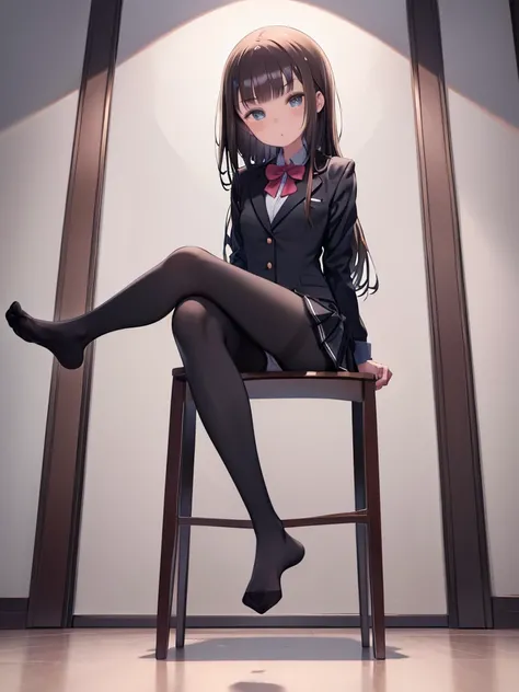 Top quality, masterpiece, High resolution, (Head to toe full body), front, frontやや下からの構図, Symmetric, Tall 18 year old girl, alone, (Head to toe), (Small breasts), Unkempt brown hair, bangs, (black tights), (Black Pantyhose), (Sit with your legs apart), (Cr...