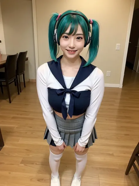 best quality, masterpiece, realistic, photorealistic, 1girl, 独奏, looking at viewer, smile, standing, full body, arms at side, cosplay, aqua hair, twintails, hair ornament, very short hair, headphones, alternate costume, , sailor collar, shirt, long sleeves...