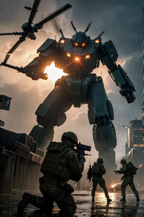 Create an animated scene featuring a high-tech battle in the rain. A giant mech robot, equipped with multiple weapons, is engaging with heavily armed soldiers on the ground. Helicopters hover above, firing down at the mech, while motorcycles weave through ...