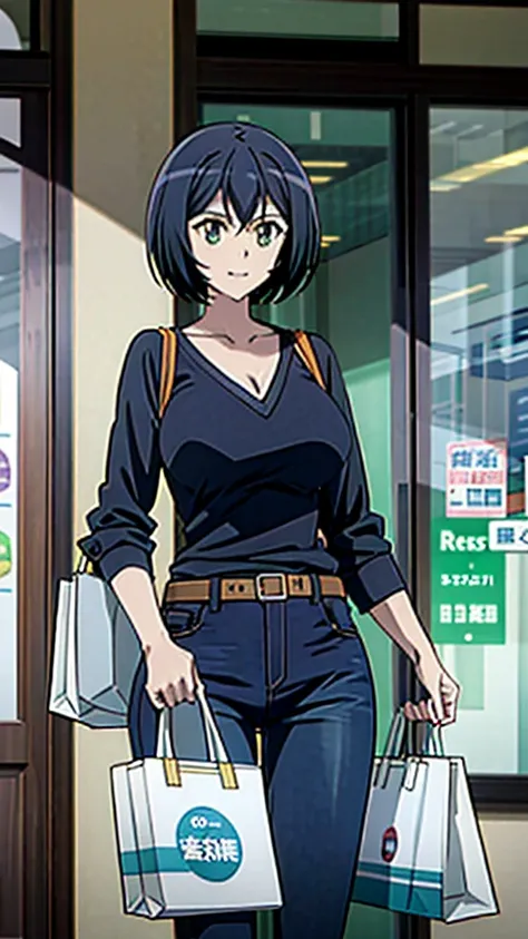 Kanade sakurada, black hair, short hair, green eyes, orange shirt, v neck shirt, longe sleeves, blue jeans, large breast, brown shoes, full boody, smiling, belt, shoping center, indoors, shopping bag, 