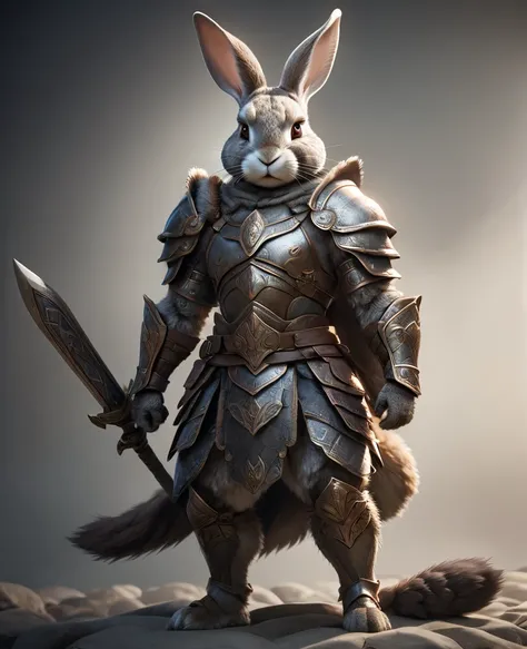 A rabbit warrior in full body shot, facing forward, hyperrealistic, intricate details, highly realistic, cinematic lighting, dramatic pose, fur texture, muscular body, intense expression, medieval armor, fantasy art, cinematic angle, dramatic lighting, mut...