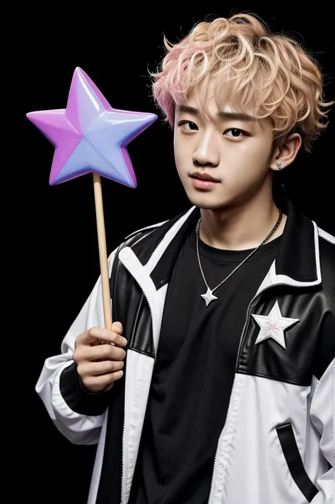 Bang chan from stray kids with a star-shaped lollipop on a black background 