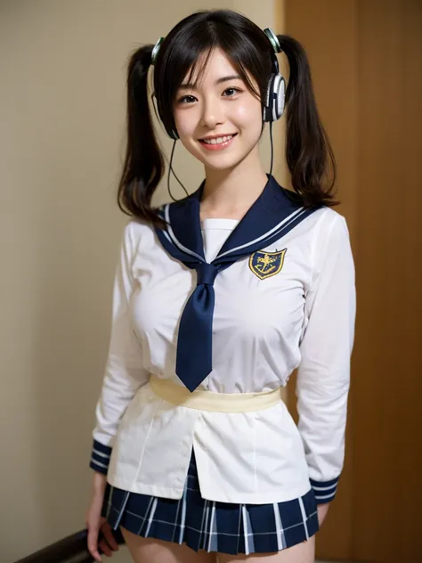 best quality, masterpiece, realistic, photorealistic, 1girl, solo, looking at viewer, smile, standing, full body, arms at side, cosplay, BLACK hair, twintails, hair ornament, very short hair, headphones, alternate costume, , sailor collar, shirt, long slee...