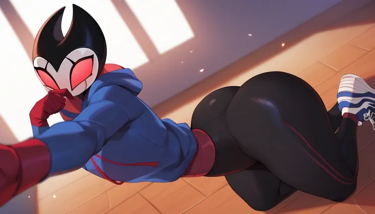 score_9, score_8_up, score_7_up, score_6_up, zPDXL2, grimm (hollow knight), vampire, bat, 1boy, solo, cute face, detailed eyes, portrait, thick thighs, anthro, thick ass, pov, tight black sports pants, cinematic angle, blue large hoodie, cool pose, red spo...