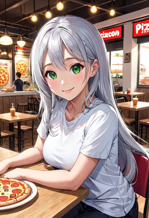 Pretty asian woman, bright silver hair, long hair, green eyes,  tshirt, perfect face, busty, sitting at a table, cute pose, pizzaon the table, anime style , smiling