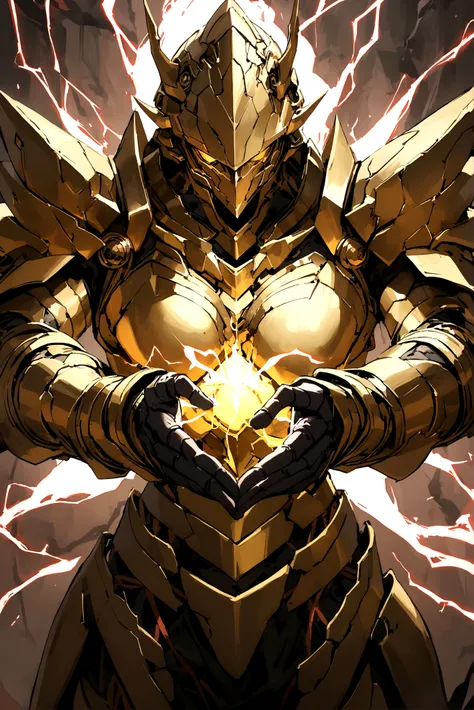 A black and slighty gold armor made of ancient technology and magic with red lightning and energy in its chest and hands