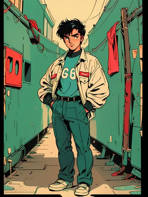 alley, full body standing detective, gun, pant, shirt, jacket, retro style