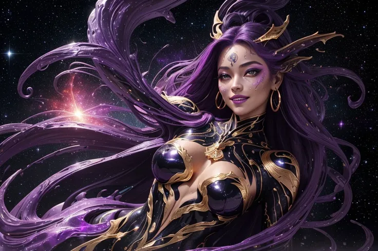 (body, formed by purple-colored galactic liquid and black metallic paint, forming a beautiful interpretation of the female figure.), natural,((complex galactic metallic colors in the foreground)), (( fluid mechanics, the most beautiful smooth face makeup, ...