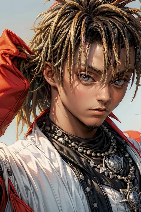 best quality, masterpiece, ultra high res, (anime style:1.2), (juicewrld:1) as Naruto, 1boy, ((solo)), facial hair, simple background, dreadlocks, looking at viewer, upper body