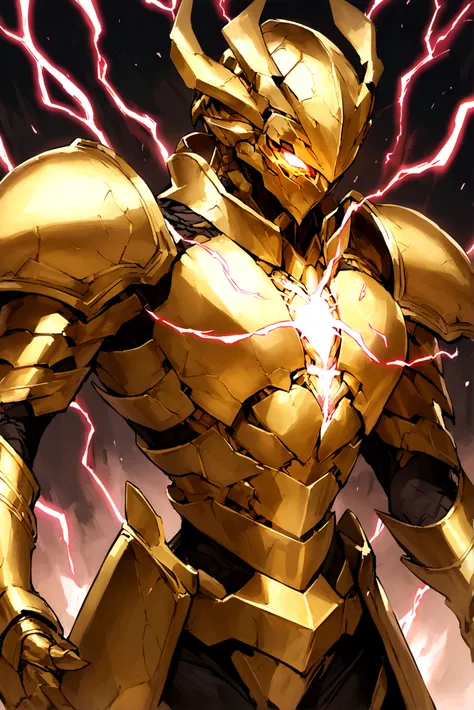 A black and slighty gold armor made of ancient technology and magic with red lightning and energy in its chest and hands