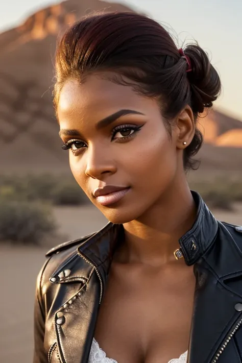 best quality, realistic, (california desert), (daylight), (sunlight:1.0), (KristannaTX, (a black supermodel), (wine red leather jacket:1.1), seductive smirk, (combed back hair), (hair updo:1.3), perfect eyes, sharp details, detailed face, (face makeup), (c...