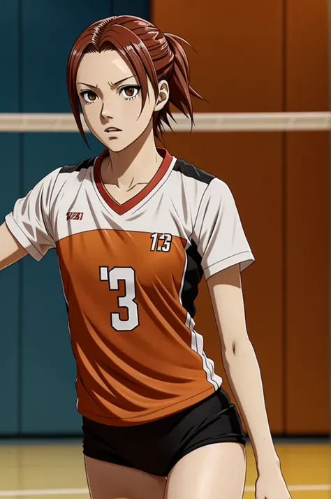 screenshot anime style haikyuu tall girl 1.95 bright eyes white pupil intense red hair volleyball uniform number 13 karasuno orange and black


