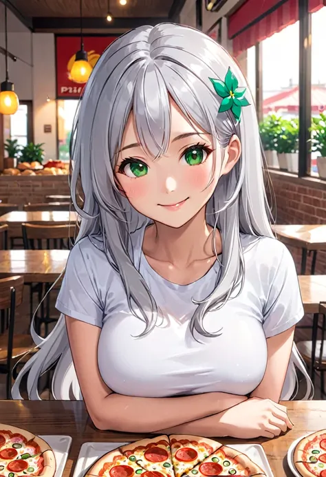 Pretty asian woman, bright silver hair, long hair, green eyes,  tshirt, perfect face, busty, sitting at a table, cute pose, pizzaon the table, anime style , smiling