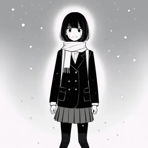 masterpiece, best quality, 1girl, mamerakkkkko, grayscale, manga style, japanese, chi no wadachi, black eyes, street, iced, black hair, schoolbag, smile, lineart, black coat, black scarf, black pleated skirt, leggins, centered, 18 years old, tall, fair ski...