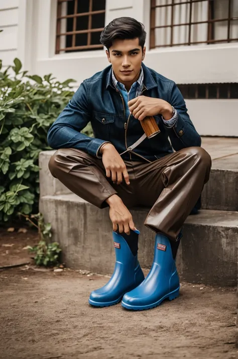 Handsome boy Malaysia wearing rubber Boots shoe 