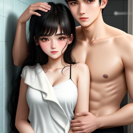 Couple hug scene on shower use towel
20-year-old boy and 18-year-old girl, Detailed face, Detailed eyes, double eyelid,, Handsome-cool-warm-boy with black hair and hot-seductive-sexy-cute-beautiful-girl with black hair and blushing face. Intimate vibes.