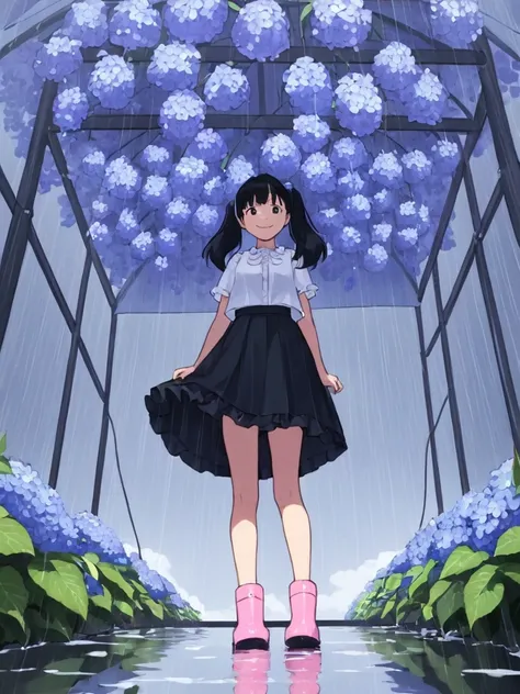 One girl,alone,umbrella,rubber boots,flower,closed umbrella,boots,Black Hair,skirt,rain,Iris,Twin tails,Long Hair,From below,smile,Hydrangea,stage,View your viewers,Pink footwear,Outdoor,water,Put your arms behind your back,shirt,Short sleeve,Are standing,...