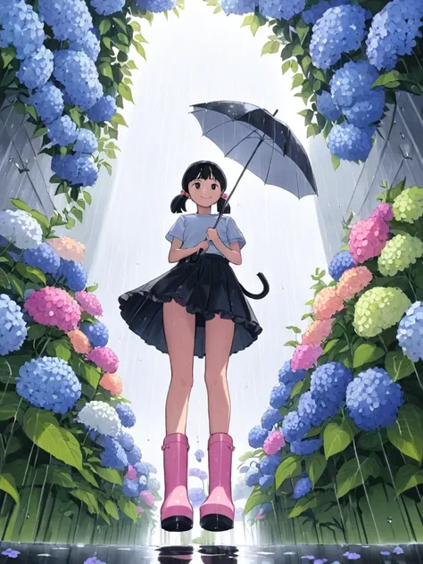 One girl,alone,umbrella,rubber boots,flower,closed umbrella,boots,Black Hair,skirt,rain,Iris,Twin tails,Long Hair,From below,smile,Hydrangea,stage,View your viewers,Pink footwear,Outdoor,water,Put your arms behind your back,shirt,Short sleeve,Are standing,...