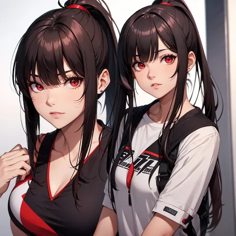 Tall girl Red eyes Dark hair Ponytail with fringes Face forward 