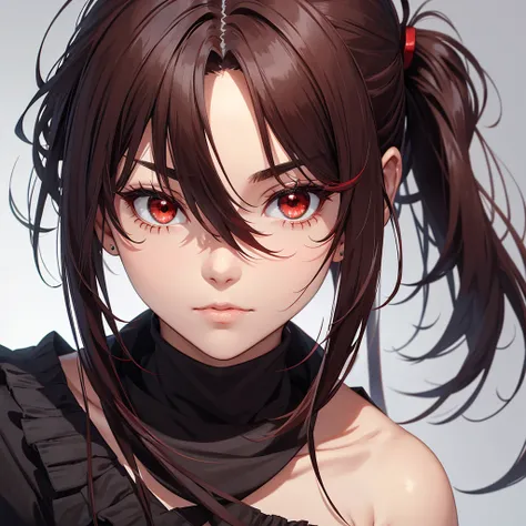 Tall girl Red eyes Dark hair Ponytail with fringes Face forward 