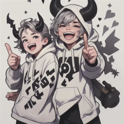 boy, white, with gray hair, wearing a white hoodie and black demon horns, laughing a lot, pointing.