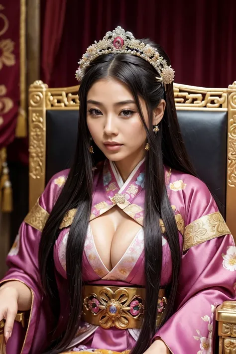 a close up of a woman sitting on a throne with a flower in her hair, a beautiful fantasy empress, ((a beautiful fantasy empress)), royal elegant pose, palace, a girl in hanfu, japanese empress, sitting on her throne, full body xianxia, on her throne, anime...