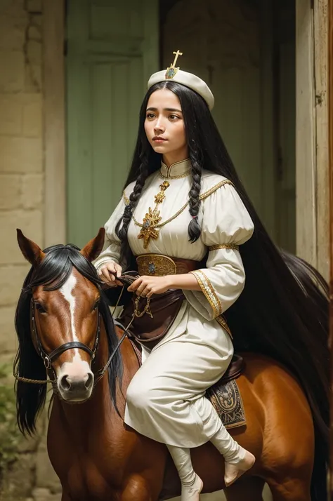 A long-haired cattle-driving woman riding a horse, holding a small statue of Our Lady Aparecida as the statue weeps 