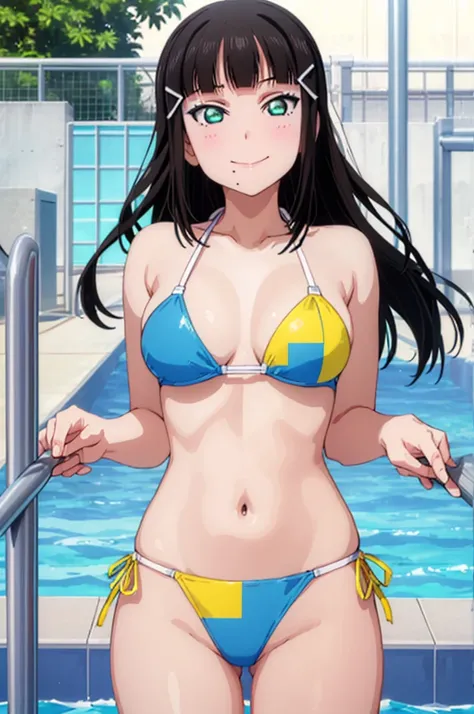 (((pixel-perfect, detail-perfect))), solo, 1girl, dia kurosawa, smile, pool, bikini armpit, medium filesize, ultra High Qality