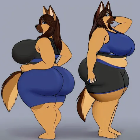 German Shepherd, female, long hair, huge breasts, huge hips, huge thighs, plump, voluptuous, morbidly obese, sports bra, sports shorts, simple background, barefoot,