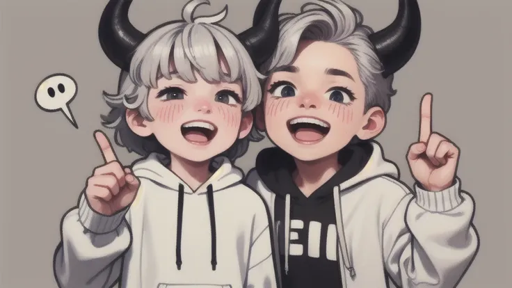 boy, white, with gray hair, wearing a white hoodie and black demon horns, laughing a lot.