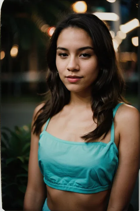 polaroid photo, night photo, photo of 24 y.o beautiful woman, brunette, lightskin, bokeh, motion blur