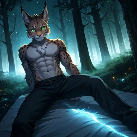 Solo, slim, male lynx, laying on back on top of the bed, kemono, black pants, muscular,
Detailed eyes, Green eyes, Glowing eyes, lynx tail, body portrait, outdoors, in the Forest, Night, particles, Firefly flights with Blue glowing, detailed background, re...