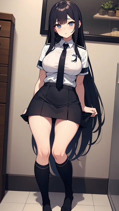 tight uniform skirt with tie
long legs
long socks 
big boobs