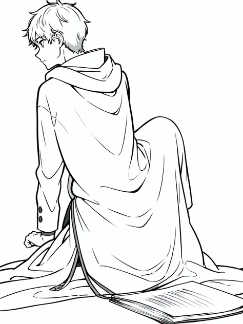 (1boy,15 years old,solo),black hooded,(white background,line drawing),(back view),sitting