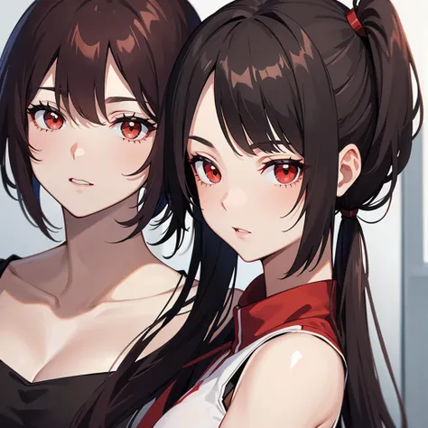 Tall girl Red eyes Dark hair Ponytail with fringes Face forward 