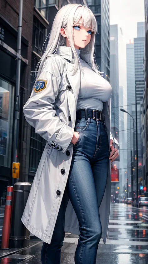  with white hair and bangs, clear blue eyes, medium to large breasts, Waist slender, using a cold jacket, casual, for a date, with an urban background with rain.